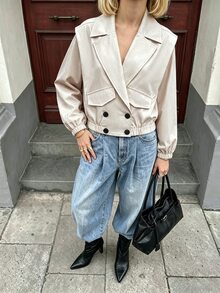 Struktiv Jaket Kerah Berkerah Model Double Breasted Warna Beige untuk Sehari-hari di Musim Gugur, Gaya Prancis Elegan - Aprikot - View 4