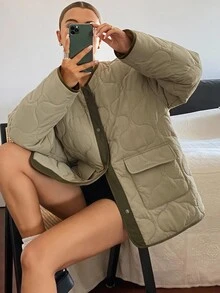 DAZY Women's Colorblock Casual Versatile Daily Wear Winter Padded Coat Fall Jacket - Green - View 2