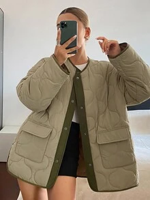 DAZY Women's Colorblock Casual Versatile Daily Wear Winter Padded Coat Fall Jacket - Green - View 7