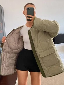 DAZY Women's Colorblock Casual Versatile Daily Wear Winter Padded Coat Fall Jacket - Green - View 6