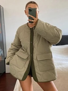 DAZY Women's Colorblock Casual Versatile Daily Wear Winter Padded Coat Fall Jacket - Green - View 4