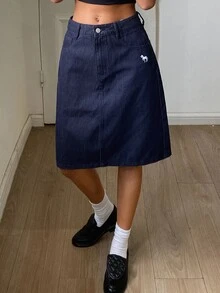 DAZY Pattern Embroidered Straight Knee-Length Denim Skirt Casual Holiday Spring Autumn Women's Skirt Vacation - Blue - View 3