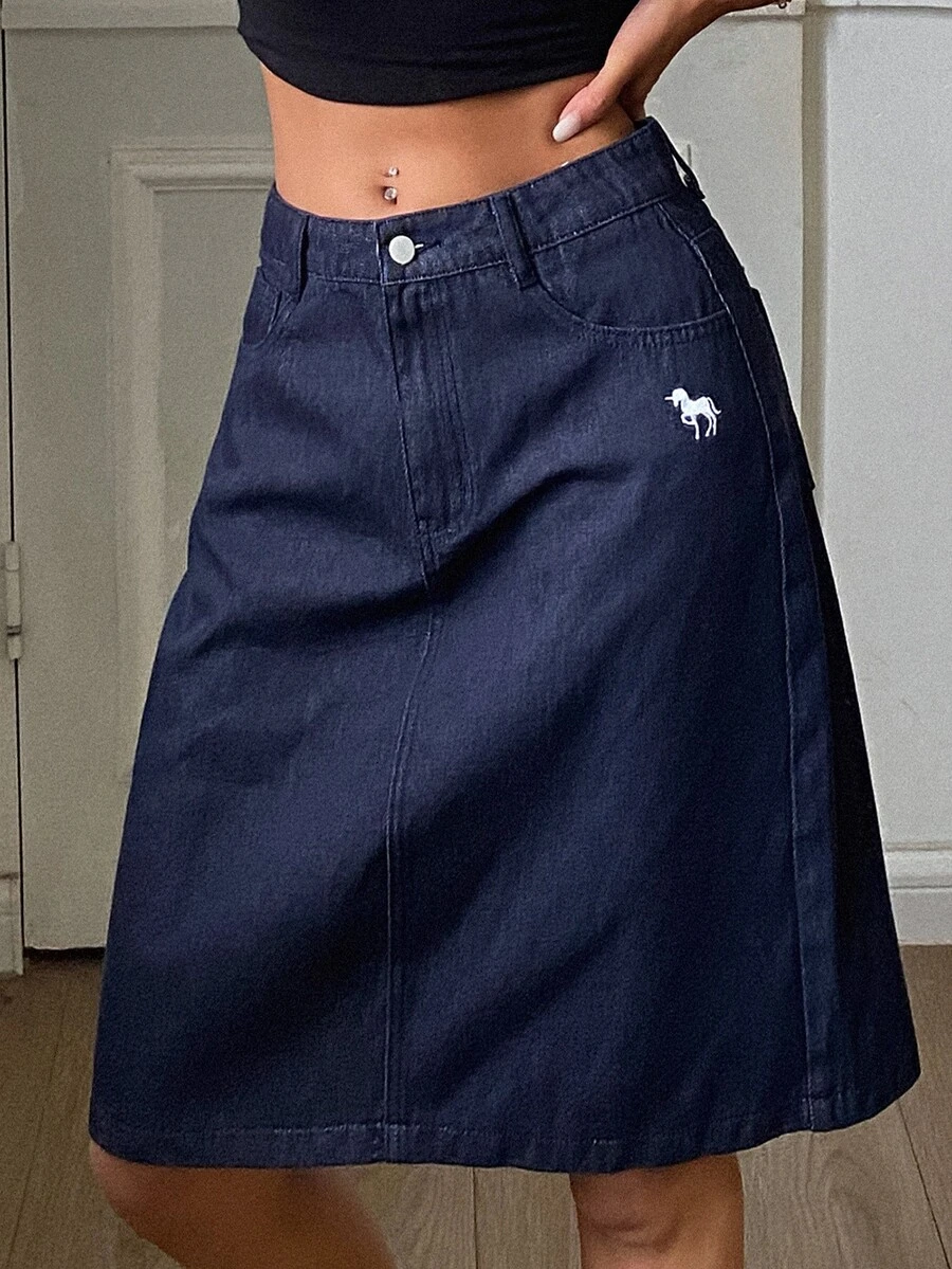 DAZY Pattern Embroidered Straight Knee-Length Denim Skirt Casual Holiday Spring Autumn Women's Skirt Vacation - Blue - View 1
