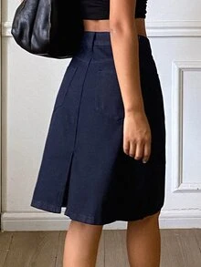 DAZY Pattern Embroidered Straight Knee-Length Denim Skirt Casual Holiday Spring Autumn Women's Skirt Vacation - Blue - View 2