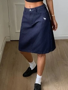DAZY Pattern Embroidered Straight Knee-Length Denim Skirt Casual Holiday Spring Autumn Women's Skirt Vacation - Blue - View 5