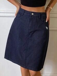 DAZY Pattern Embroidered Straight Knee-Length Denim Skirt Casual Holiday Spring Autumn Women's Skirt Vacation - Blue - View 4