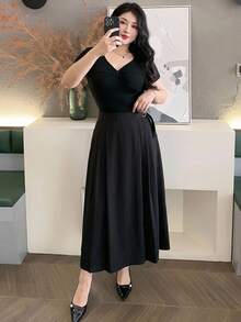 Dazy Plus Solid Color A-Line Long Elegant Plus Size Women Casual All-Season Skirt Fall - Black - View 5