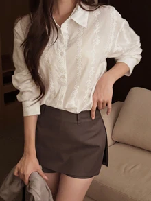 DAZY 女款緹花薄款長袖休閒襯衫，適合春秋穿著 - 白色 - 查看 5