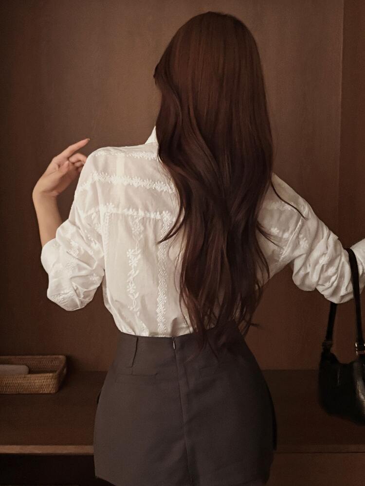 DAZY Jacquard Thin Long Sleeve Casual Women's Shirt For Spring Fall - White - View 7
