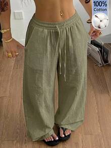 Coolane Women's Summer Streetwear Casual All-Match Daily Wear Going Out Vacation Washed 100%Cotton Green Baggy Low Rise Pants - Army Green - View 1