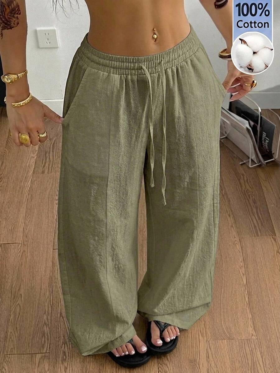 Coolane Women's Summer Streetwear Casual All-Match Daily Wear Going Out Vacation Washed 100%Cotton Green Baggy Low Rise Pants - Army Green - View 1