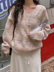 DAZY Damen Kontraststreifen Jacquard locker geschnittener Langarm V-Ausschnitt Lässig Urlaub Koreanischer Stil Pullover Strickpullover, Herbst/Winter - Pink - Übersicht 6