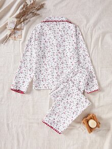 French Country Style Girls' Ditsy Floral Combination Top With Long Sleeves, Lapel Collar Cardigan Paired With Long Pants Autumn/Winter Pajamas - Multicolor - View 3