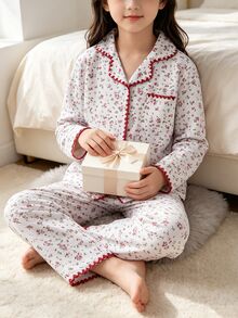 French Country Style Girls' Ditsy Floral Combination Top With Long Sleeves, Lapel Collar Cardigan Paired With Long Pants Autumn/Winter Pajamas - Multicolor - View 5