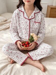 French Country Style Girls' Ditsy Floral Combination Top With Long Sleeves, Lapel Collar Cardigan Paired With Long Pants Autumn/Winter Pajamas - Multicolor - View 6
