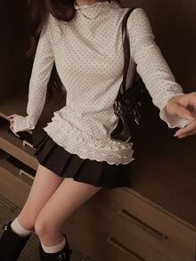 DAZY Women's Polka Dot Print Stand Collar Long Sleeve Ruffle Hem T-Shirt Fall - White - View 1