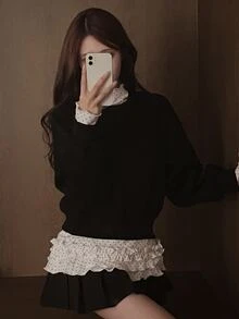 DAZY Women's Polka Dot Print Stand Collar Long Sleeve Ruffle Hem T-Shirt Fall - White - View 5