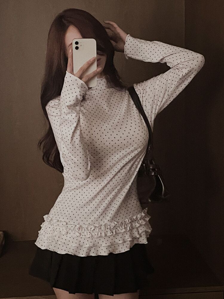DAZY Women's Polka Dot Print Stand Collar Long Sleeve Ruffle Hem T-Shirt Fall - White - View 4