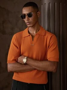 Vientiro Men's Solid Color Casual Versatile Daily Wear Knit Top - Orange - View 5