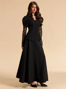 SHEIN BAE طقم بدلة كاجوال نسائي من بليزر وتنورة بتصميم دانتيل مرقع - الأسود - مشاهدة 4