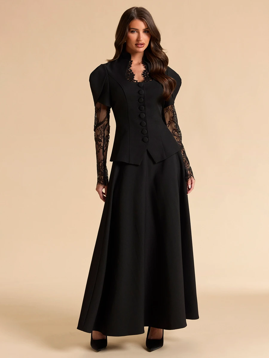 SHEIN BAE طقم بدلة كاجوال نسائي من بليزر وتنورة بتصميم دانتيل مرقع - الأسود - مشاهدة 1