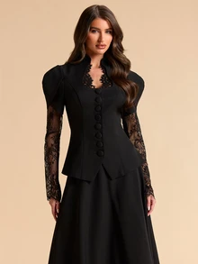 SHEIN BAE طقم بدلة كاجوال نسائي من بليزر وتنورة بتصميم دانتيل مرقع - الأسود - مشاهدة 6