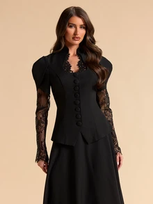 SHEIN BAE طقم بدلة كاجوال نسائي من بليزر وتنورة بتصميم دانتيل مرقع - الأسود - مشاهدة 5