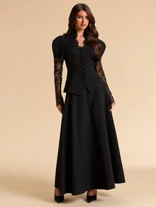 SHEIN BAE طقم بدلة كاجوال نسائي من بليزر وتنورة بتصميم دانتيل مرقع - الأسود - مشاهدة 3