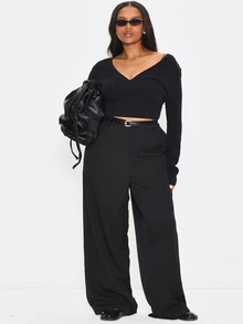 MUSERA Plus Size Black Mid Rise Loose Fit Tailored Wide Leg Trousers Spring Summer Casual Everyday Day Outfit Going Out - Black - View 2