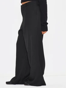 MUSERA Plus Size Black Mid Rise Loose Fit Tailored Wide Leg Trousers Spring Summer Casual Everyday Day Outfit Going Out - Black - View 3