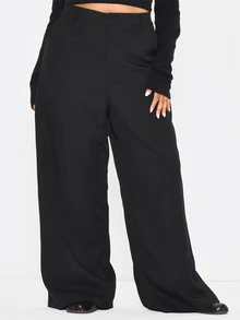 MUSERA Plus Size Black Mid Rise Loose Fit Tailored Wide Leg Trousers Spring Summer Casual Everyday Day Outfit Going Out - Black - View 1