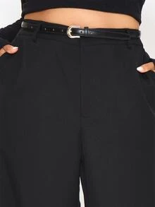 MUSERA Plus Size Black Mid Rise Loose Fit Tailored Wide Leg Trousers Spring Summer Casual Everyday Day Outfit Going Out - Black - View 5