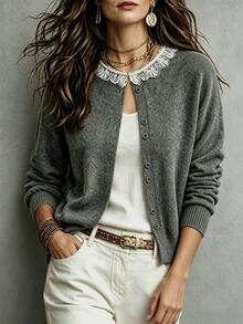 SHEIN 灰色對比蕾絲領法式極簡優雅商務通勤茶會辦公休閒秋季女款圓領長袖開襟衫 - 深灰色 - 查看 2