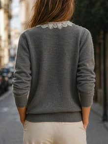 SHEIN 灰色對比蕾絲領法式極簡優雅商務通勤茶會辦公休閒秋季女款圓領長袖開襟衫 - 深灰色 - 查看 3