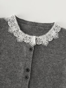 SHEIN 灰色對比蕾絲領法式極簡優雅商務通勤茶會辦公休閒秋季女款圓領長袖開襟衫 - 深灰色 - 查看 7