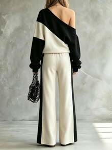 SHEIN LUNE Colorblock Asymmetrical Neck Drop Shoulder Sweatshirt & Pants - Multicolor - View 2