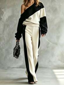 SHEIN LUNE Colorblock Asymmetrical Neck Drop Shoulder Sweatshirt & Pants - Multicolor - View 4