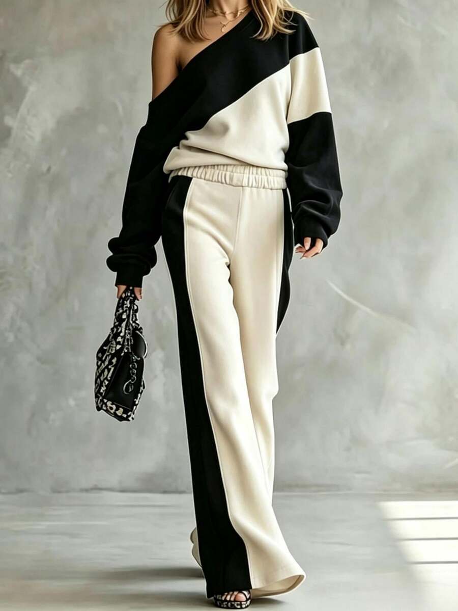 SHEIN LUNE Colorblock Asymmetrical Neck Drop Shoulder Sweatshirt & Pants - Multicolor - View 1