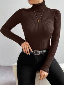 SHEIN LUNE Basic Minimalist High Neck Sweater, Casual For Autumn/Winter - Coffee Brown - View 6