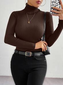 SHEIN LUNE Basic Minimalist High Neck Sweater, Casual For Autumn/Winter - Coffee Brown - View 7