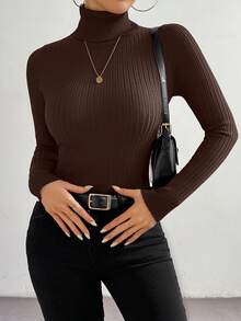 SHEIN LUNE Basic Minimalist High Neck Sweater, Casual For Autumn/Winter - Coffee Brown - View 4
