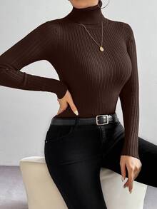 SHEIN LUNE Basic Minimalist High Neck Sweater, Casual For Autumn/Winter - Coffee Brown - View 5