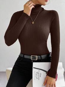 SHEIN LUNE Basic Minimalist High Neck Sweater, Casual For Autumn/Winter - Coffee Brown - View 3