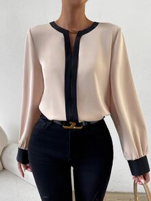 RosyDaze Contrast Trim Keyhole Back Blouse,Long Sleeve Tops Fall Cloth For Women - Apricot - View 4
