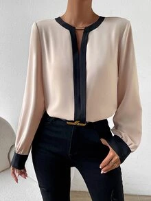RosyDaze Contrast Trim Keyhole Back Blouse,Long Sleeve Tops Fall Cloth For Women - Apricot - View 3