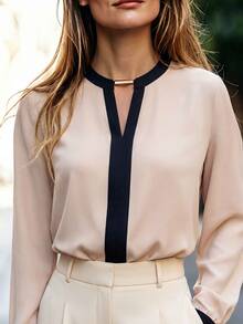 RosyDaze Contrast Trim Keyhole Back Blouse,Long Sleeve Tops Fall Cloth For Women - Apricot - View 1