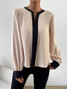 RosyDaze Contrast Trim Keyhole Back Blouse,Long Sleeve Tops Fall Cloth For Women - Apricot - View 7