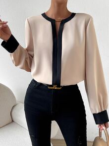 RosyDaze Contrast Trim Keyhole Back Blouse,Long Sleeve Tops Fall Cloth For Women - Apricot - View 5
