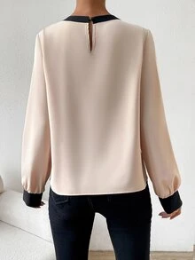 RosyDaze Contrast Trim Keyhole Back Blouse,Long Sleeve Tops Fall Cloth For Women - Apricot - View 2