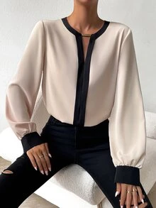 RosyDaze Contrast Trim Keyhole Back Blouse,Long Sleeve Tops Fall Cloth For Women - Apricot - View 6